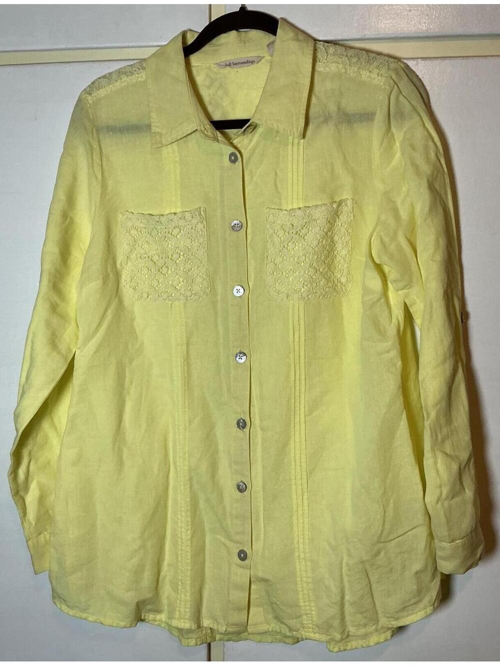 Soft Surroundings Size Small S Linen Blend Button Down Shirt Tunic Yellow Lace